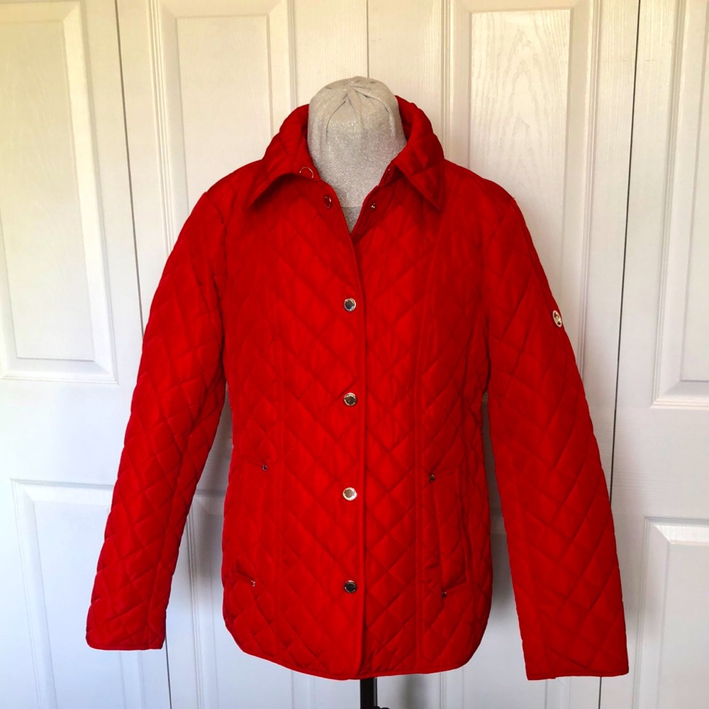 Michael Kors Women's Quilted Red Scarlet Field Coat Equestrian Jacket Fall Trend